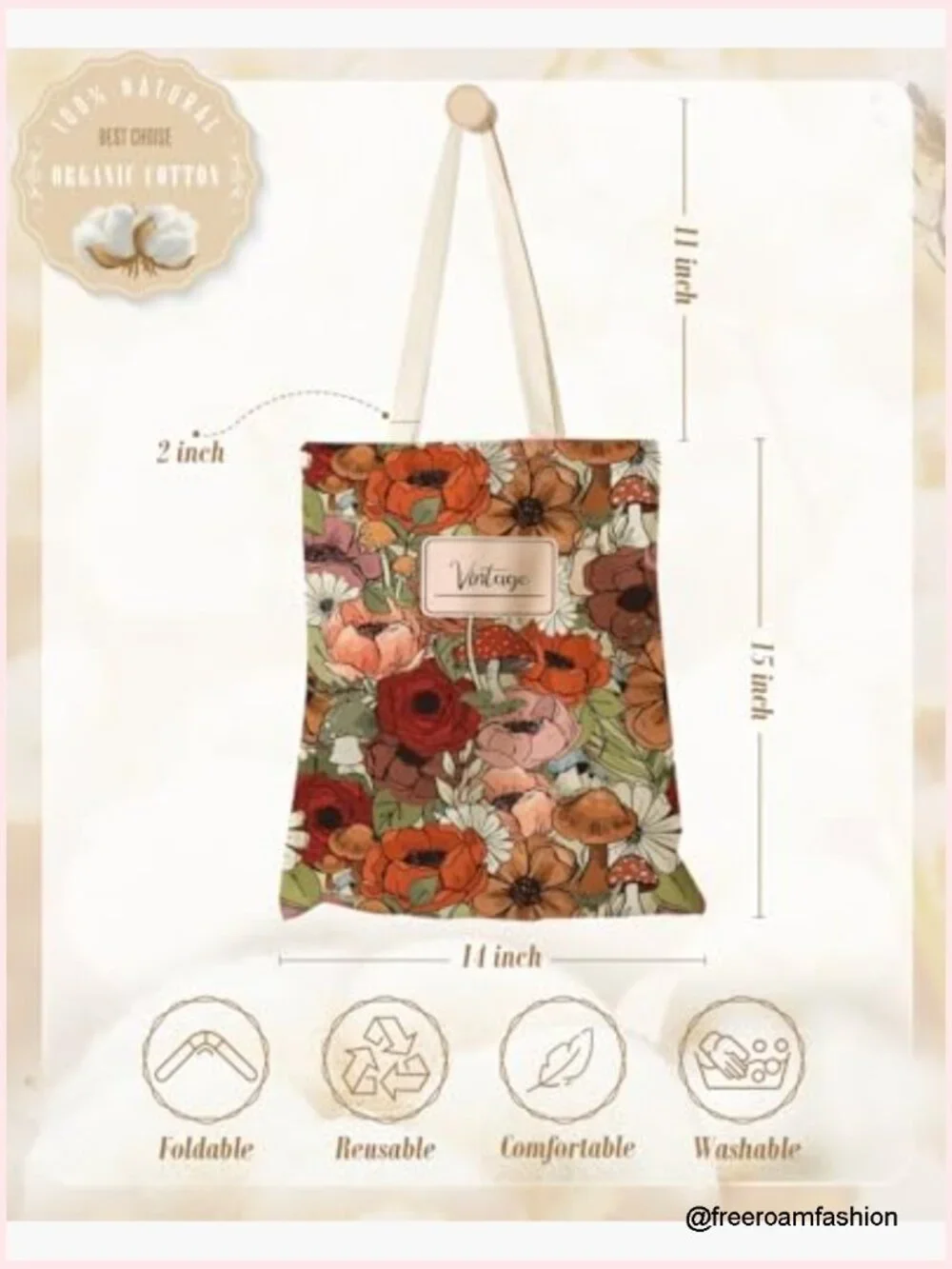 Canvas Tote Bag with Zippered Pocket, Lightweight Cotton, 15x13 Inches